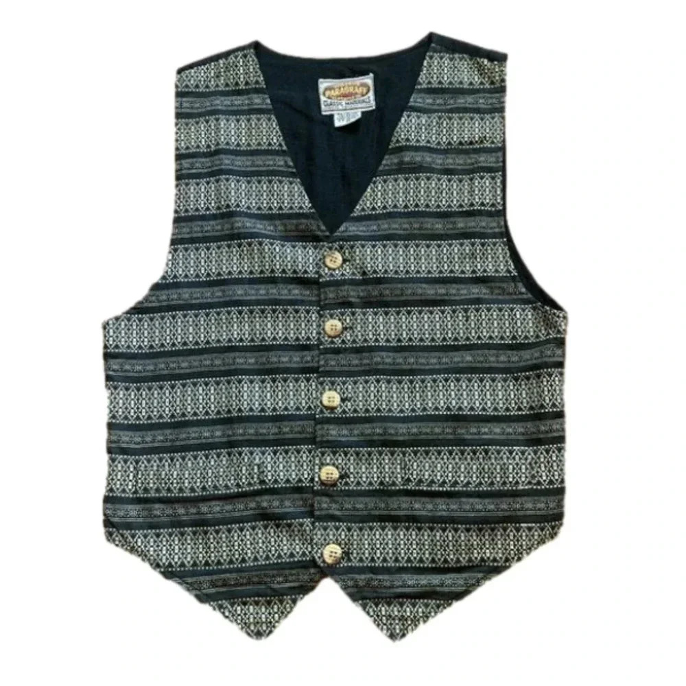 𝅺PARAGRAFF Woven Lined Vest, Black,White,Gray Geometric Pattern,‎ Size Medium